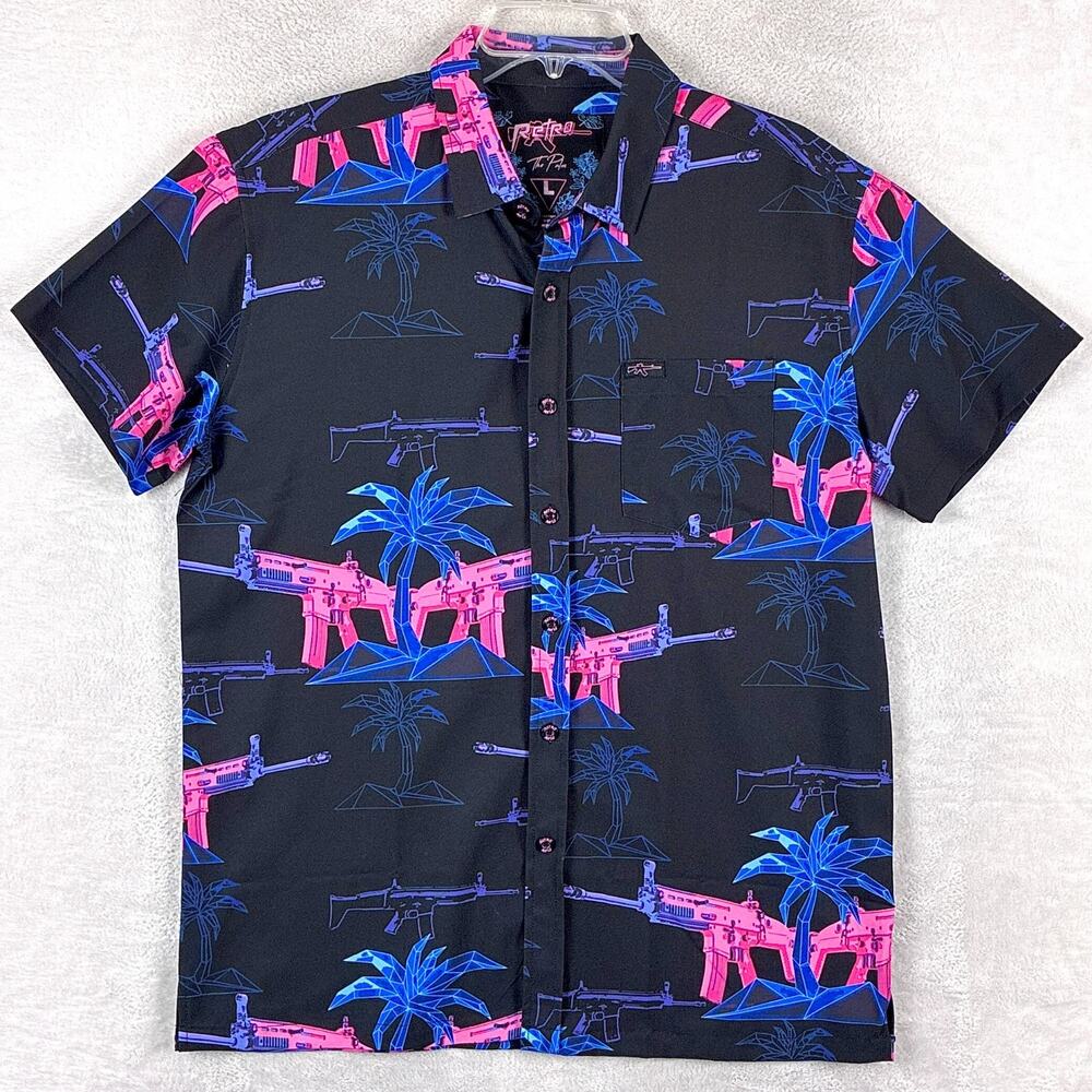 Retro Rifle Shirt Mens L Pink The Palm Scar Vapor Wave AOP Performance Stretch